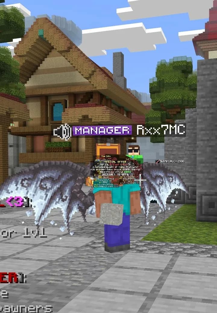 A Minecraft player nametag reading MANAGER Rxx7MC with a speaker icon beside it