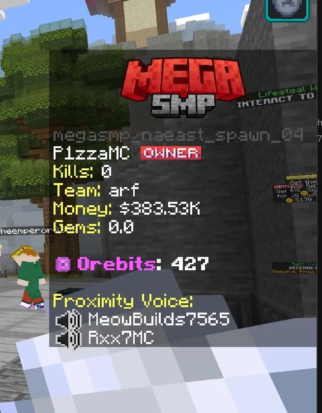 The MegaSMP in-game scoreboard with a Proximity Voice section listing two nearby players